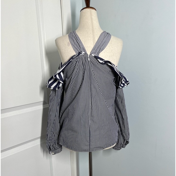 J. Crew Ruffles Off Shoulder Tie Neck blue stripes Top size 2 - Picture 6 of 8